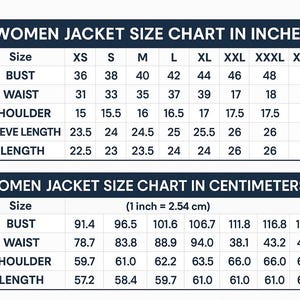 May include: A size chart for women's jackets, displaying measurements in inches and centimeters. The chart includes bust, waist, shoulder, sleeve length, and length measurements for various sizes, from XS to XXXXL.