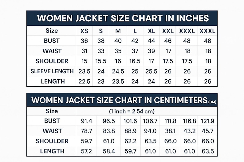 May include: A size chart for women's jackets, displaying measurements in inches and centimeters. The chart includes bust, waist, shoulder, sleeve length, and length measurements for various sizes, from XS to XXXXL.