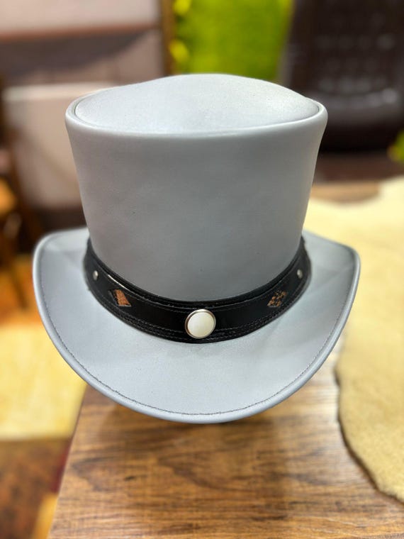 Grey Genuine Leather Hat with Skull Band Handmade Steampunk Gothic Victorian Costume Cosplay Hat