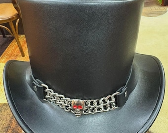 Genuine Leather Steampunk Top Hat with Skull Chain Gothic Festival Costume Hat Handmade Black