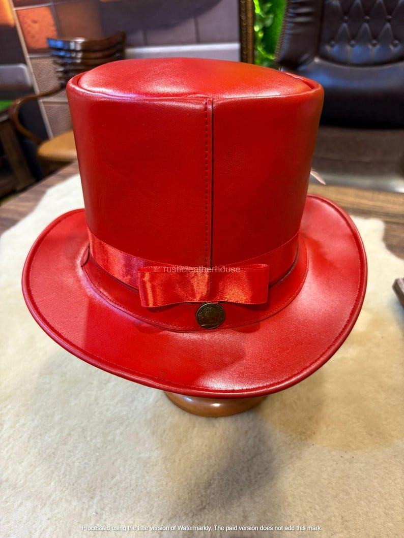 Handmade Red Leather Top Hat Steampunk Gothic Cosplay image 6