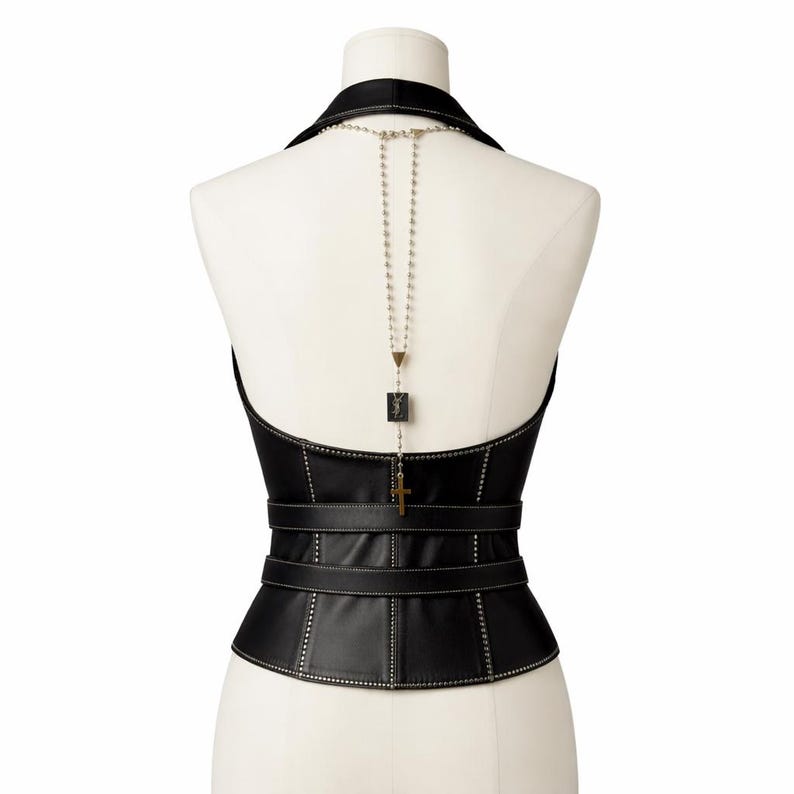 Black Leather Corset Top Goth Halter Vest Studded Biker Waist Cincher Top image 6