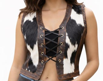 Women Cowhide Leather Lace Up Vest Western Cowgirl Hair On Hide Biker Vest