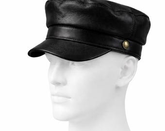 Handmade Black Leather Biker Cap Vintage Military Style Motorcycle Hat