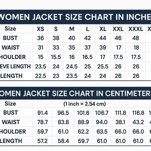 May include: A size chart for women's jackets, displaying measurements in inches and centimeters. The chart includes bust, waist, shoulder, sleeve length, and jacket length measurements for various sizes, from XS to XXXXL.