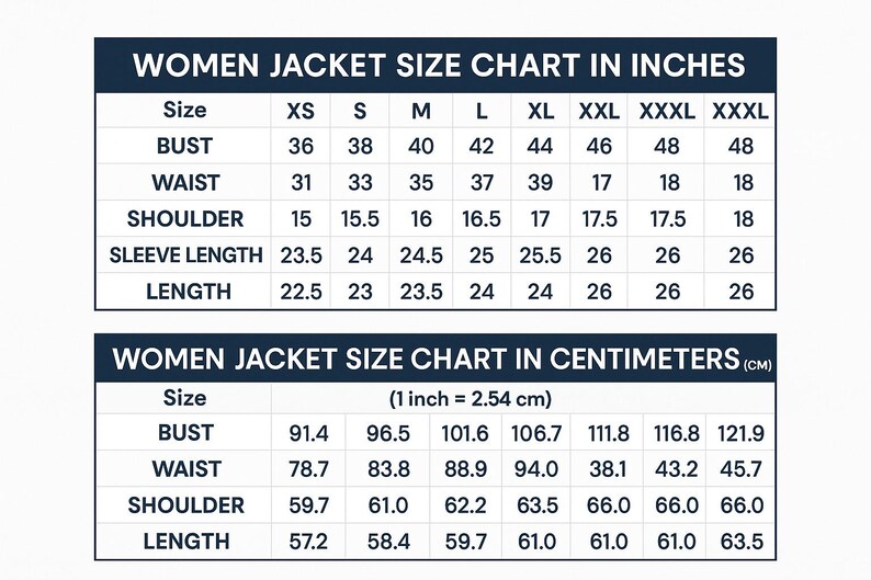 May include: A size chart for women's jackets, displaying measurements in inches and centimeters. The chart includes bust, waist, shoulder, sleeve length, and jacket length measurements for various sizes, from XS to XXXXL.
