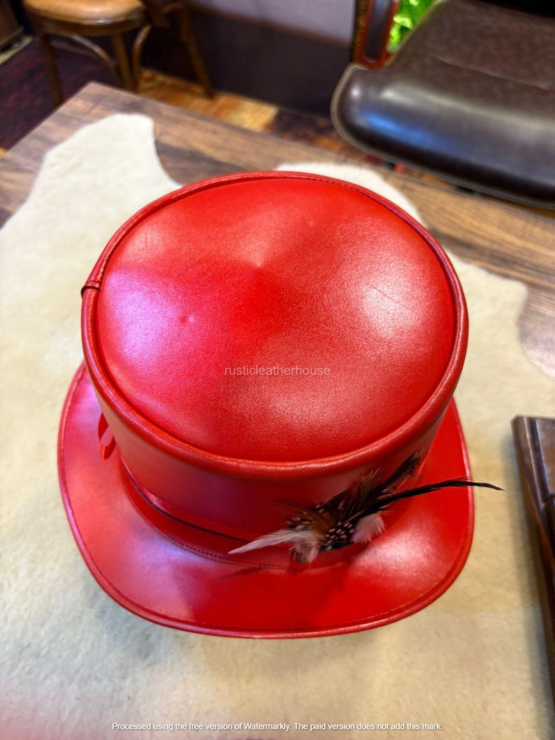 Handmade Red Leather Top Hat Steampunk Gothic Cosplay image 5
