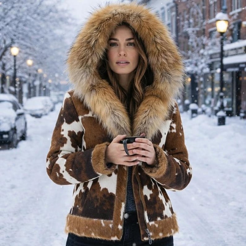 May include: A winter coat with a brown and white cowhide pattern. The coat has a large fur-lined hood and trim. The person in the image is holding a black mug in a snowy outdoor setting.