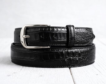 Men’s Crocodile Embossed Black Leather Belt with Silver Buckle