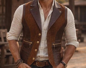 Western Leather Vest for Men Brown Cowboy Waistcoat Genuine Crocodile Embossed Vest