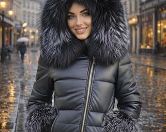 Women Black Leather Puffer Jacket with Fur Hood and Cuffs Genuine Winter Coat Handmade
