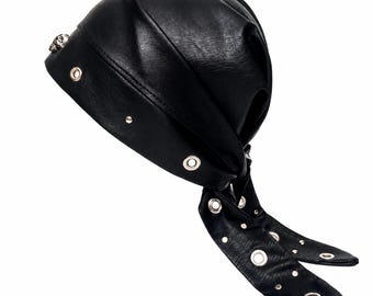 Black Leather Headscarf Gothic Biker Bandana Skull Studded Tie Back Durag Cap