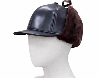 Genuine Black Leather Trapper Hat with Ear Flaps, Fur Lined Winter Aviator Cap Unisex
