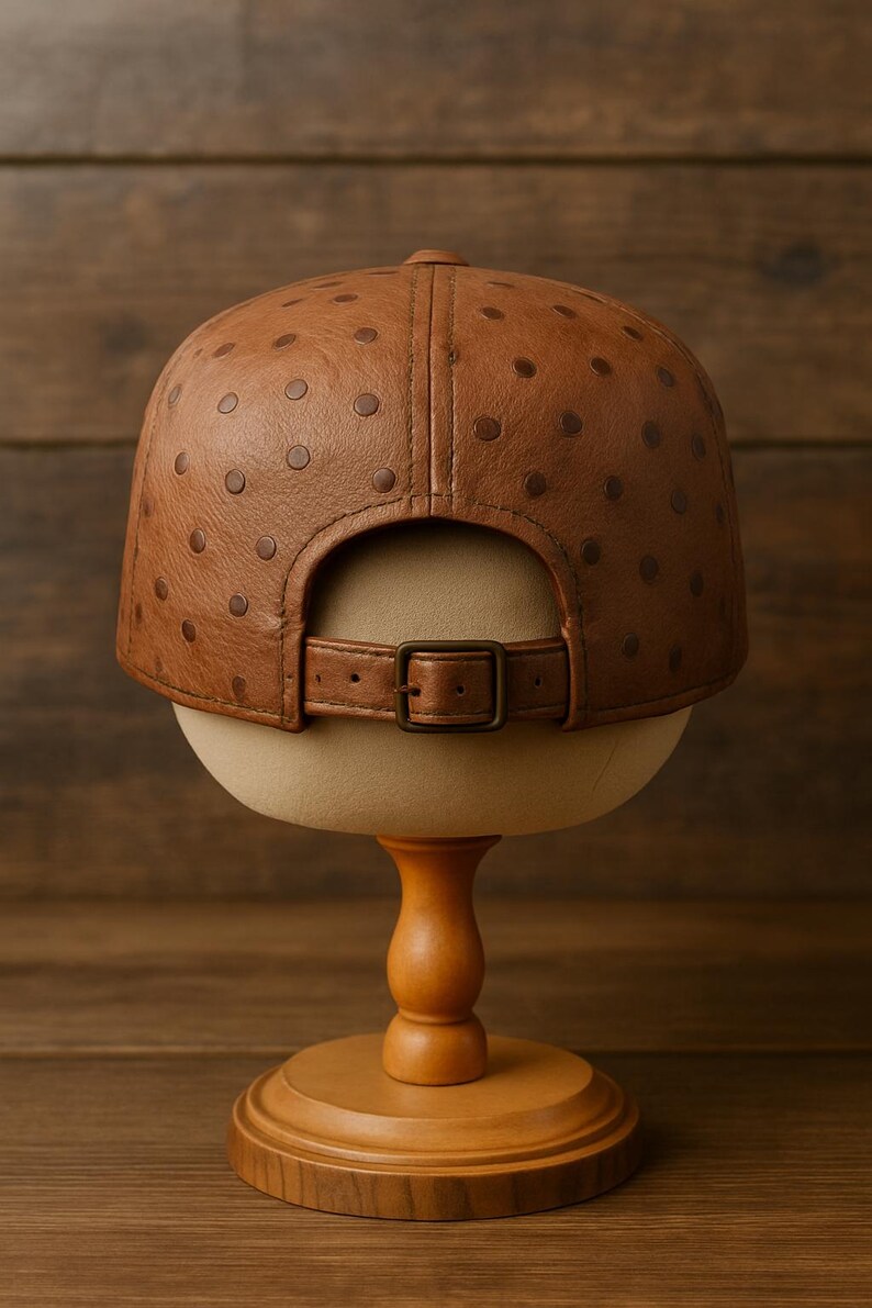 May include: A brown leather baseball cap with a series of small, evenly spaced, darker brown dots. The cap has a curved brim and an adjustable strap with a metal buckle. The cap is displayed on a wooden hat stand.