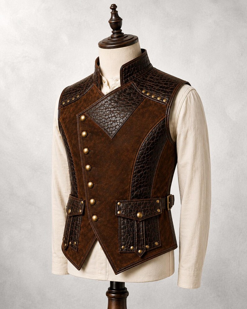 Steampunk Leather Vest Men Brown Leather Waistcoat Victorian Gothic image 9