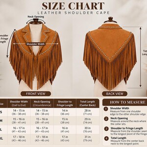 May include: A tan leather shoulder cape featuring a notched collar and long fringe trim. The garment is decorated with silver-toned studs along the lapels and back. The image includes a size chart with measurements in inches and centimeters.