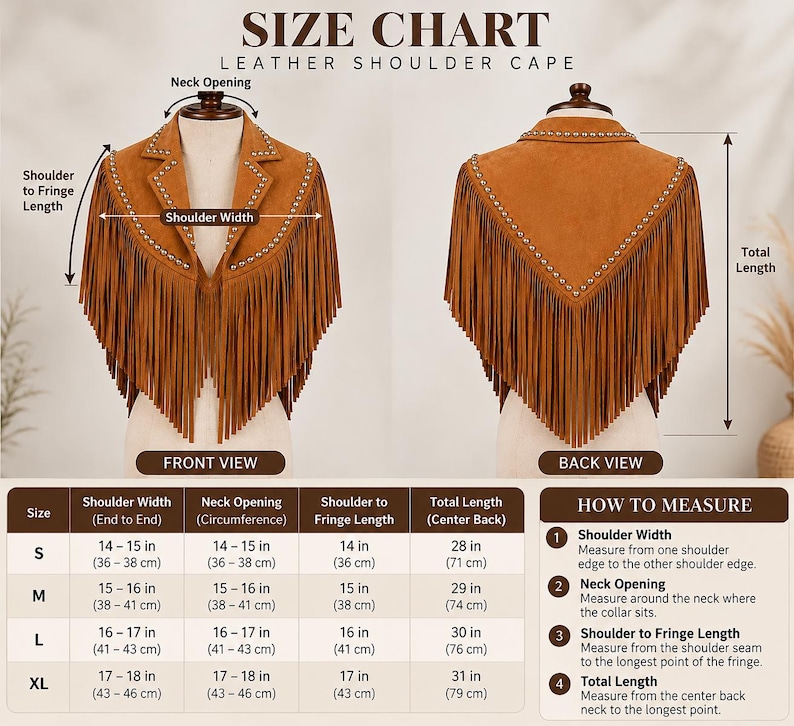 May include: A tan leather shoulder cape featuring a notched collar and long fringe trim. The garment is decorated with silver-toned studs along the lapels and back. The image includes a size chart with measurements in inches and centimeters.