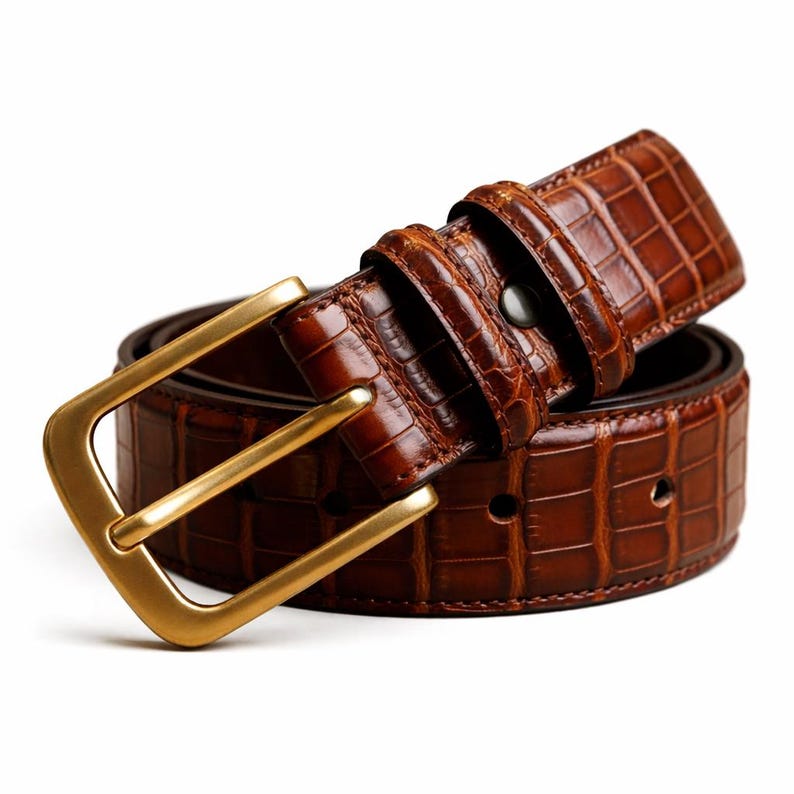 May include: A brown leather belt with a gold-colored buckle. The belt has a textured, crocodile-like pattern. The buckle is rectangular and has a shiny finish. The belt is a classic accessory.