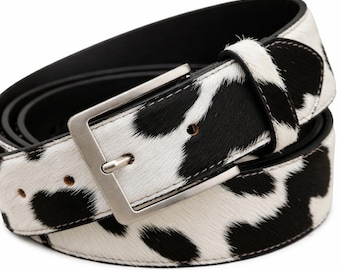 Cowhide Hair On Leather Belt Men’s Western Cowboy Cow Print Jeans Belt