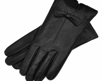 Black Nappa Leather Gloves for Women with Bow Elegant Winter Fashion Gift