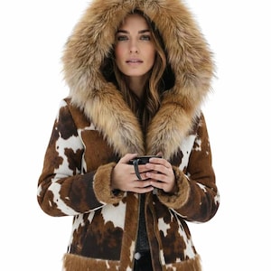 May include: A brown and white cowhide coat with a fur-lined hood. The coat has a zipper closure and fur trim on the cuffs and hem. The hood is trimmed with brown fur.
