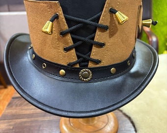 Brown Suede Black Leather Steampunk Top Hat Victorian Gothic Festival Cosplay