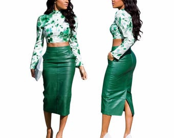 Jupe crayon en cuir vert émeraude femme taille haute midi avec fente