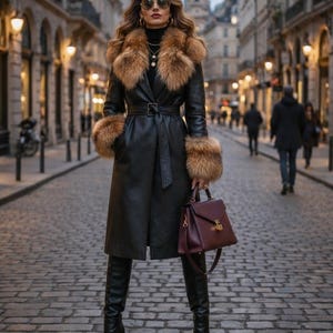 Peut inclure: Un manteau en cuir noir avec un col et des poignets en fourrure, ceintur&eacute; &agrave; la taille. Le manteau est associ&eacute; &agrave; des bottes noires et un sac &agrave; main bordeaux. En arri&egrave;re-plan, une rue pav&eacute;e et des b&acirc;timents.