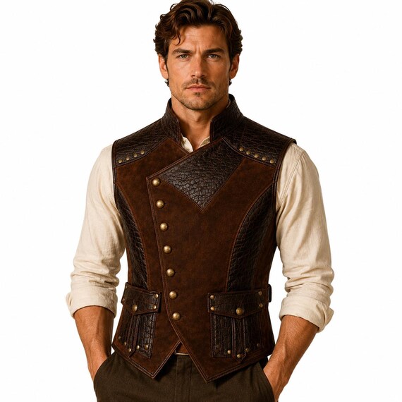 Steampunk Leather Vest Men Brown Leather Waistcoat Victorian Gothic