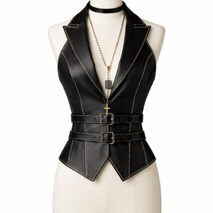 May include: Black leather vest with a notched collar, decorative stitching, and two buckled belts. A choker and a necklace with a cross pendant are displayed on a mannequin.