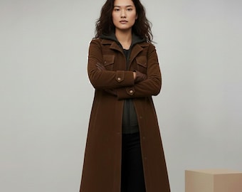 Handmade Brown Suede Leather Trench Coat Long Vintage Overcoat for Women Winter Wear