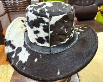 Zwart-witte hoge hoed van rundleer handgemaakt western steampunk-cowboycadeau