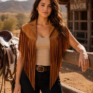 May include: A tan suede vest featuring long fringe detailing along the hem and shoulders, accented with silver-toned metal studs along the lapels. The sleeveless garment is worn over a beige tank top with a brown leather belt and black jeans.