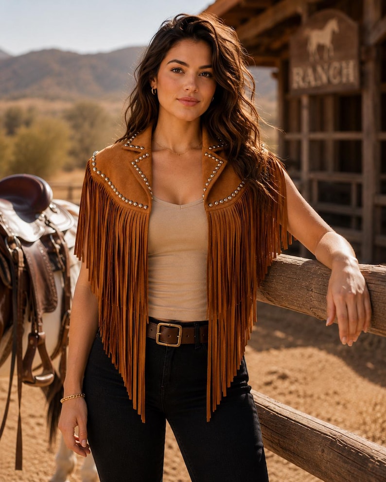 May include: A tan suede vest featuring long fringe detailing along the hem and shoulders, accented with silver-toned metal studs along the lapels. The sleeveless garment is worn over a beige tank top with a brown leather belt and black jeans.