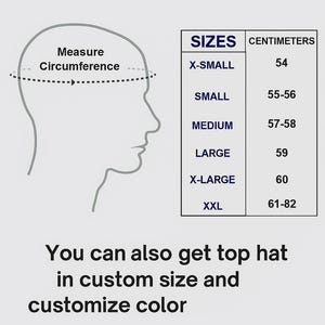 May include: Image from Rustic Leather House showing a size chart for top hats. The chart lists hat sizes from X-Small (54 cm) to XXL (61-82 cm). The image also includes instructions on how to measure head circumference.