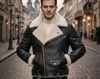 Men’s Shearling Leather Biker Jacket Black Aviator B3 Winter Sheepskin Coat Warm