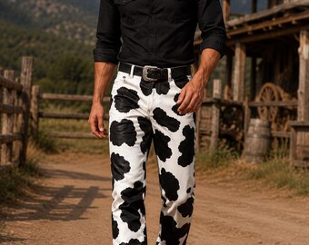 Pantaloni da uomo in pelle di vacchetta con pelo, pantaloni da cowboy fatti a mano, abbigliamento western