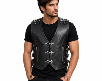 Gilet da motociclista in pelle da uomo, nero, con fibbia gotica, stile cafe racer, fatto a mano.