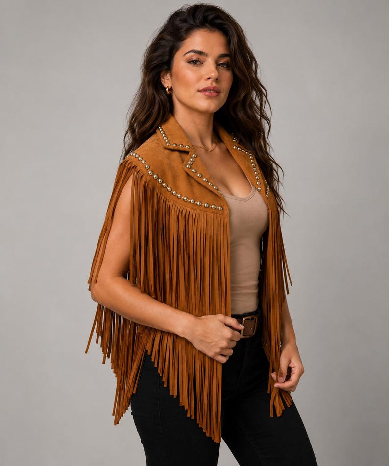 May include: A tan suede vest featuring long fringe detailing along the hem and arm openings, accented with a row of small metallic studs lining the lapels and front edges, worn over a neutral-colored tank top and black pants.