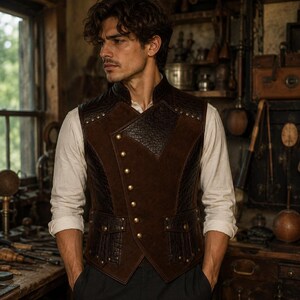 May include: A dark brown vest featuring a textured leather-like finish on the side panels and pockets, contrasted with smooth suede-like fabric on the front. The garment has an asymmetrical button closure with metallic studs and two front pockets.