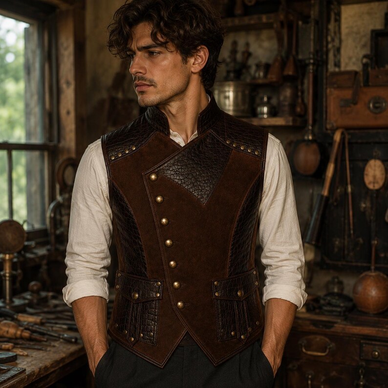May include: A dark brown vest featuring a textured leather-like finish on the side panels and pockets, contrasted with smooth suede-like fabric on the front. The garment has an asymmetrical button closure with metallic studs and two front pockets.