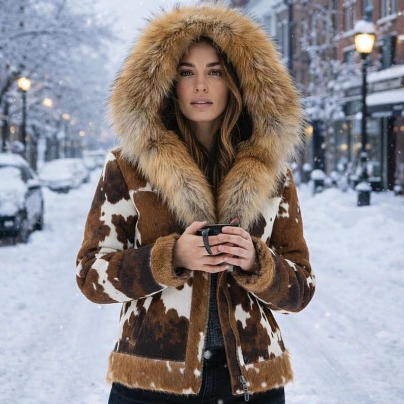 May include: A winter coat with a brown and white cowhide pattern. The coat has a large fur-lined hood and fur trim around the cuffs and hem. The person is holding a black mug in a snowy street scene.