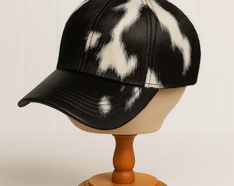 Genuine Hair On Leather Baseball Cap Black & White Hide, Western Style