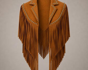 May include: A tan suede-textured jacket featuring a notched lapel collar and long fringe detailing along the front panels. The lapels and front edges are embellished with a single row of small, round, metallic gold-tone studs.