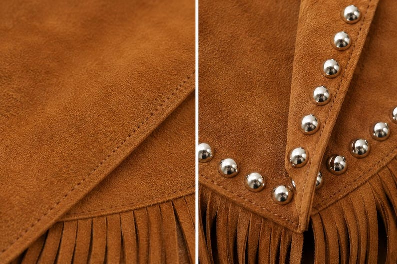 May include: A tan suede garment featuring a layered flap design with visible stitching. The right side displays a row of polished silver-toned metal studs along the edge, and the bottom hem is finished with long, matching tan suede fringe.
