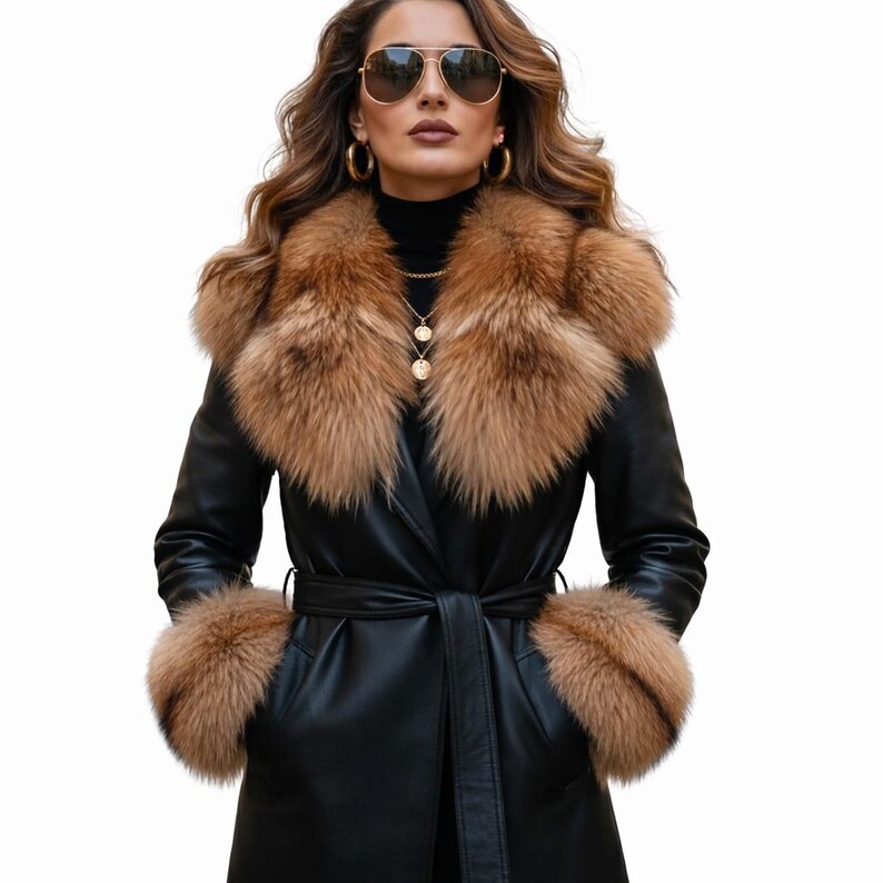 Peut inclure: Un manteau en cuir noir avec un col et des poignets en fourrure marron. La veste est ceintur&eacute;e &agrave; la taille. La personne porte des lunettes de soleil dor&eacute;es et des bijoux. Le style g&eacute;n&eacute;ral est luxueux et &agrave; la mode.