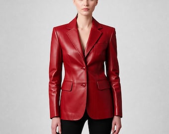 Leather Blazer Women Red Genuine Leather Jacket Tailored Office Wear Coat