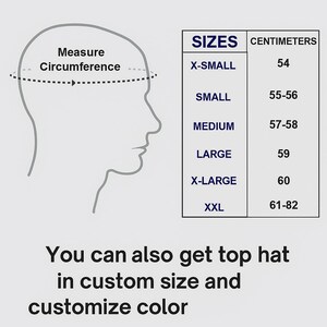 May include: Image from Rustic Leather House showing a size chart for top hats. The chart lists hat sizes from X-Small (54 cm) to XXL (61-82 cm). The image also includes instructions on how to measure head circumference.