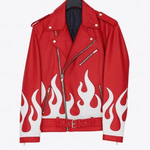 Red Flame Leather Biker Jacket, Handmade Sheep Leather Moto Coat