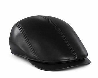 Black Genuine Leather Flat Cap Men Ivy Driving Hat Vintage Gatsby Style
